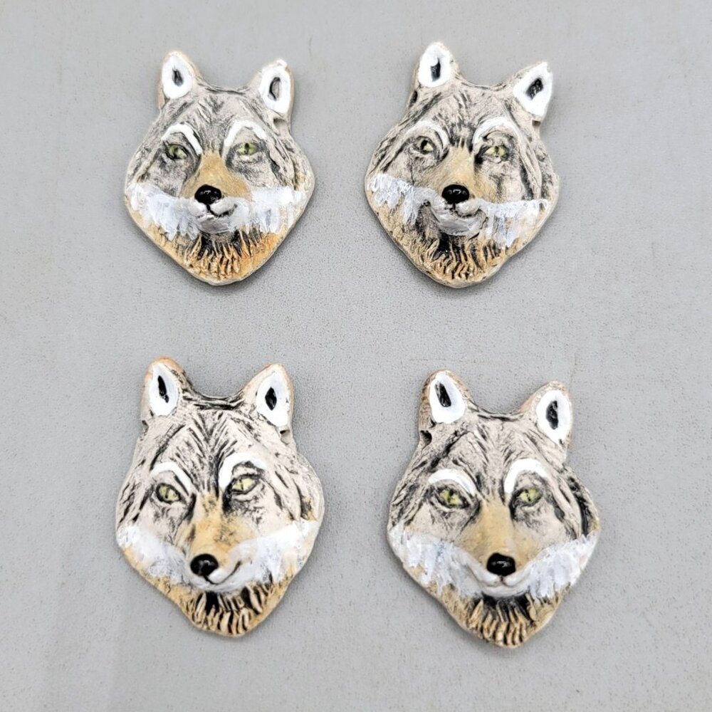 Ceramic Wolf Face Shaped Beads Rustic Animal Design Set of 4